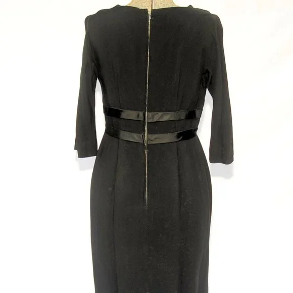 Vintage 50's 60's Black Crepe Cocktail Party Dress Ribbon Rosettes SM by Pavelle - Picture 7 of 10
